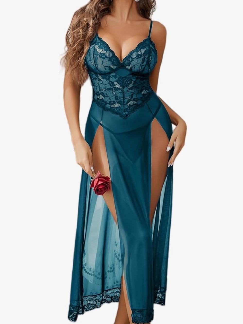 Chic Nation Teal Lace & Sheer Split Maxi Chemise